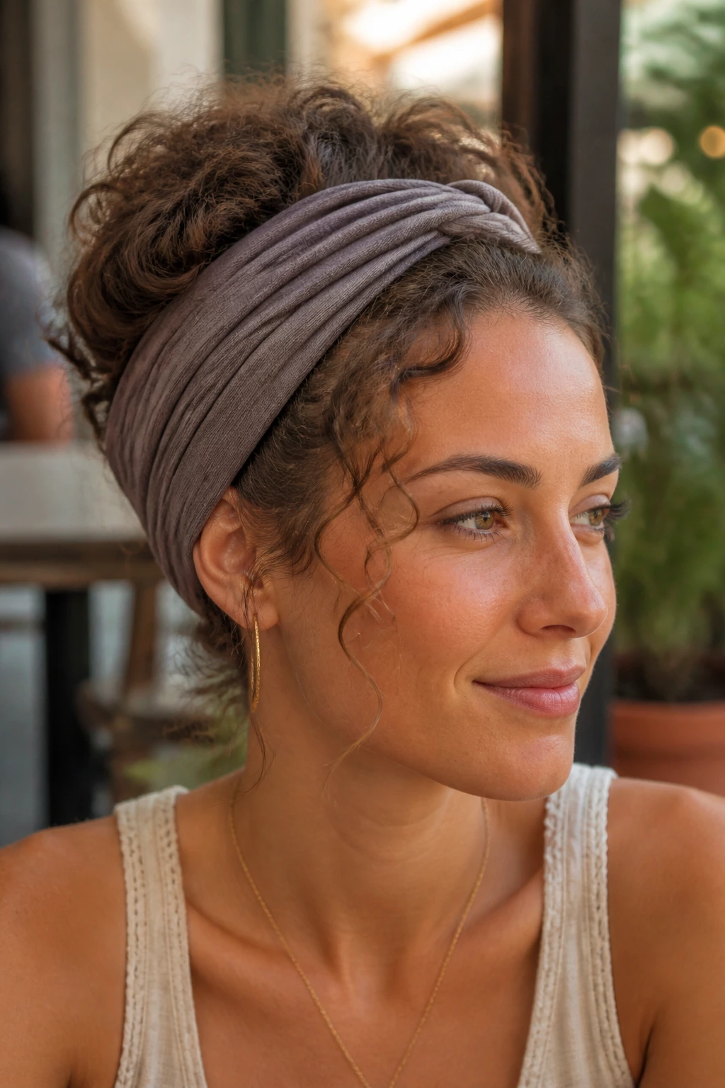 Close-up of a real woman with a headband tuck hairstyle