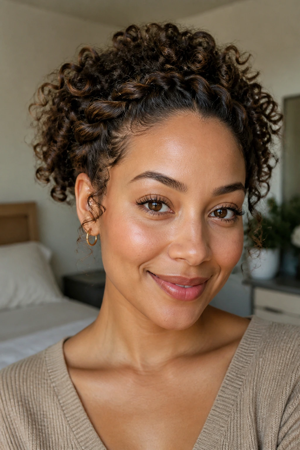 Close-up of a real woman's head showing the headband-style twist hairstyle with halo volume