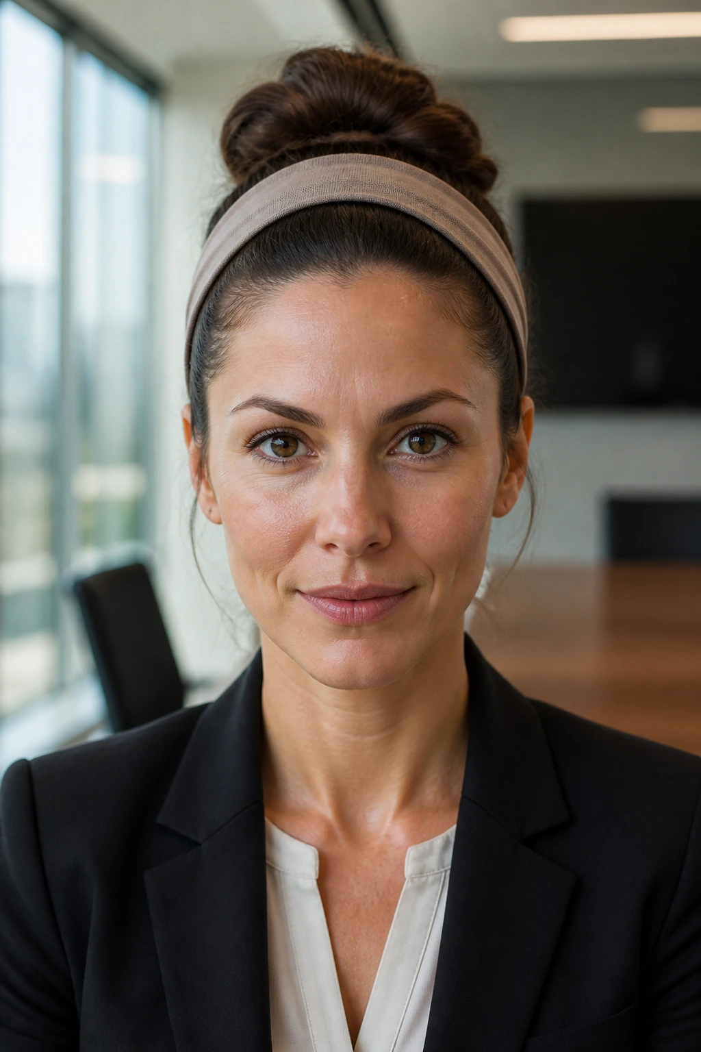 Close-up of a real person wearing a wide headband with an updo in an office setting