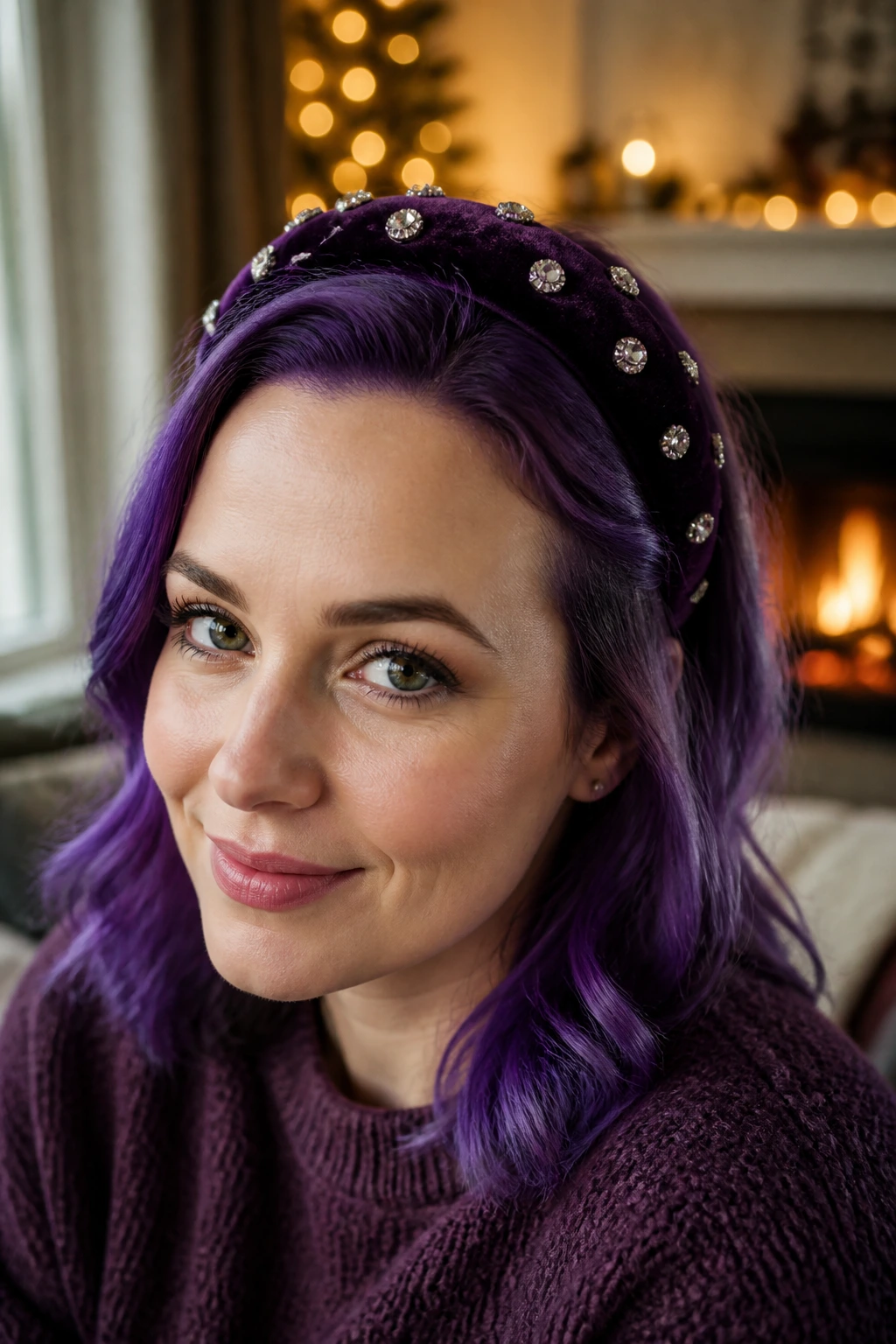 Close-up of a real person wearing a chunky velvet headband on purple hair in a cozy holiday living room