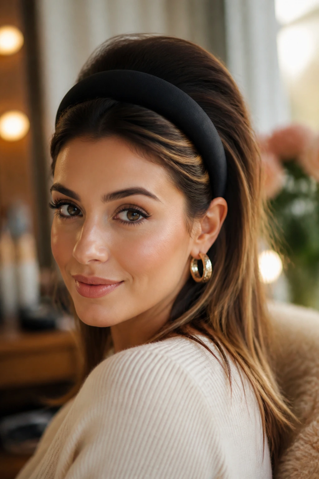 Close-up portrait of a real woman wearing a padded headband with crown lift in a warmly lit dressing room.