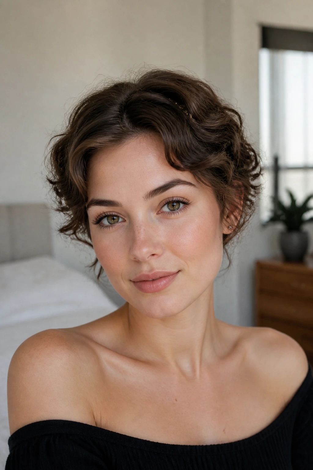 Close-up portrait of a woman with a headband-style halo wave.