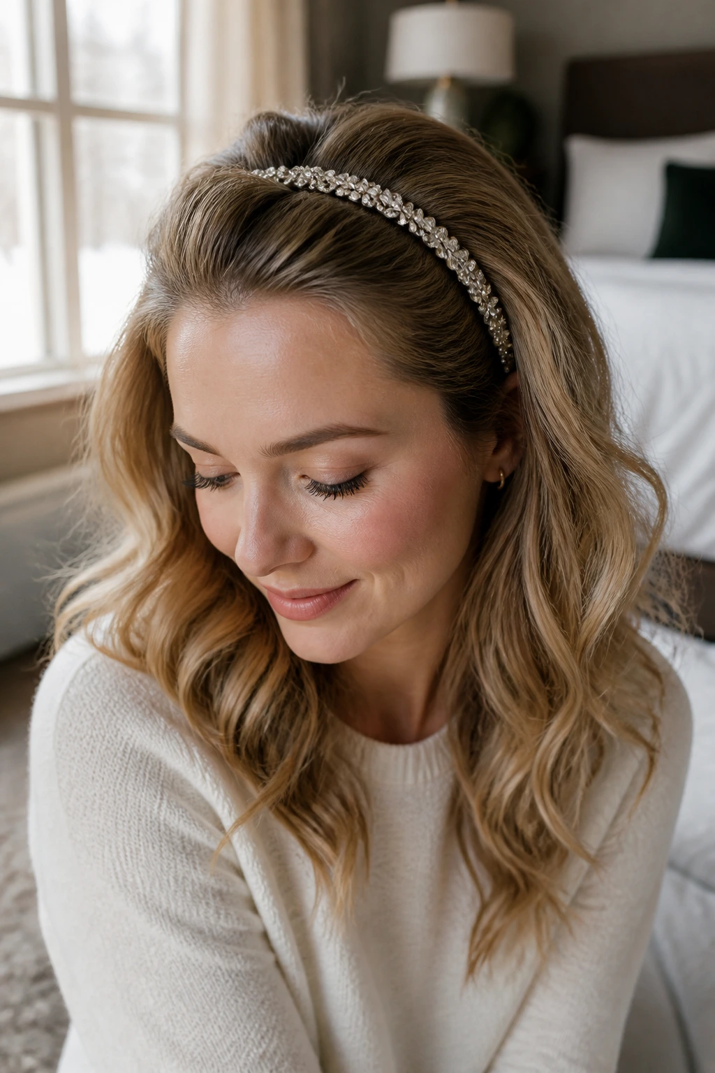 Close-up of a real woman wearing a sparkly headband in a wave hairstyle with crown lift