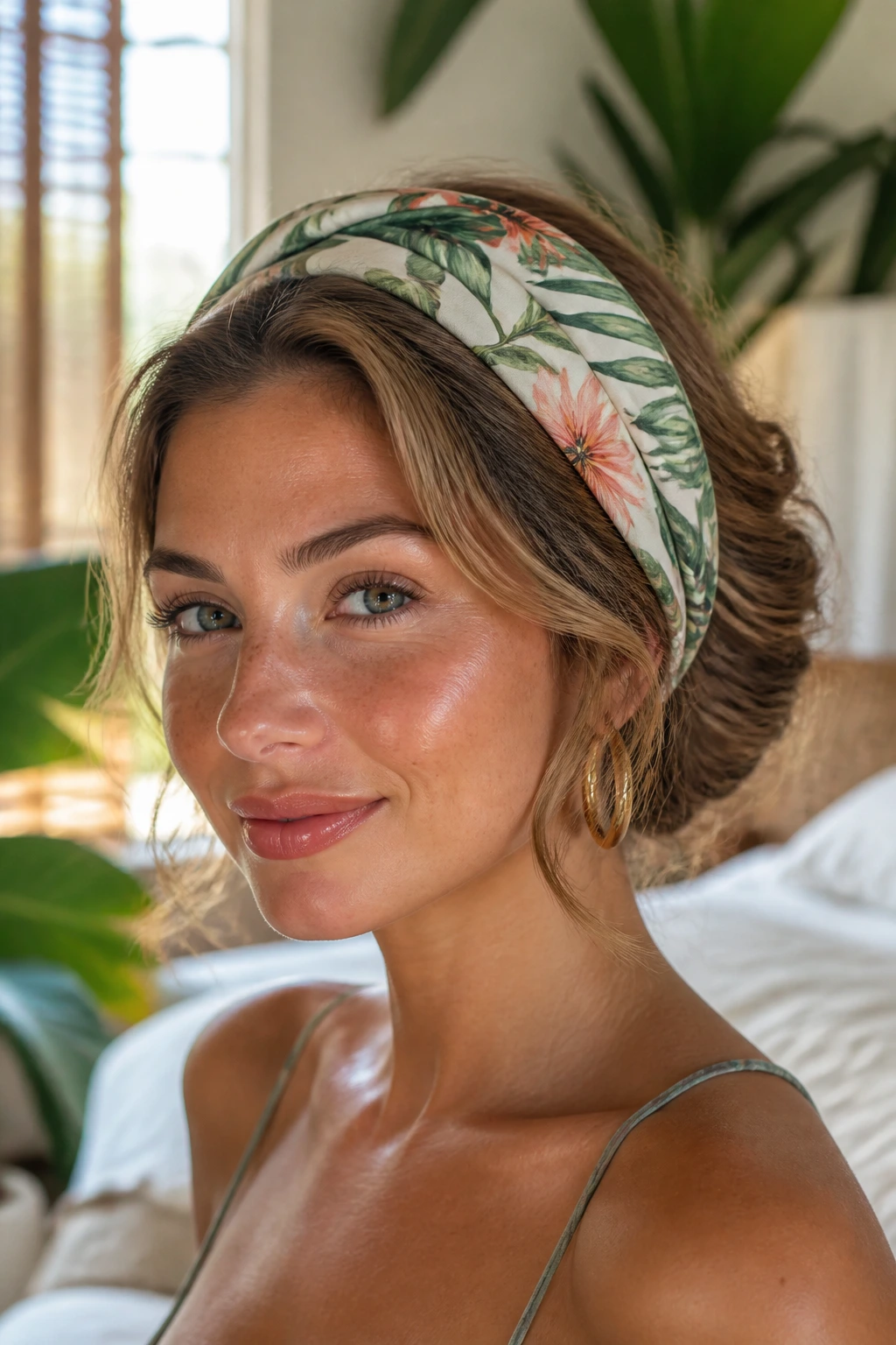 Close-up of a real woman wearing a tropical headband with tucked waves at the temples