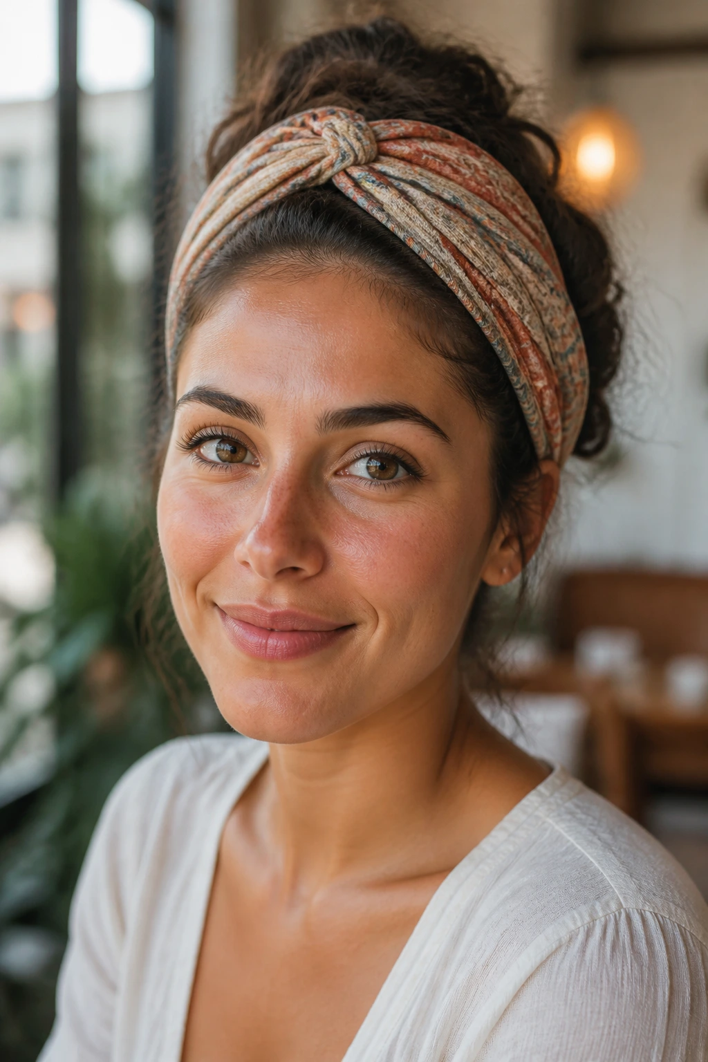 Close-up of a real person wearing a bohemian headband wrap with hair tucked into the band