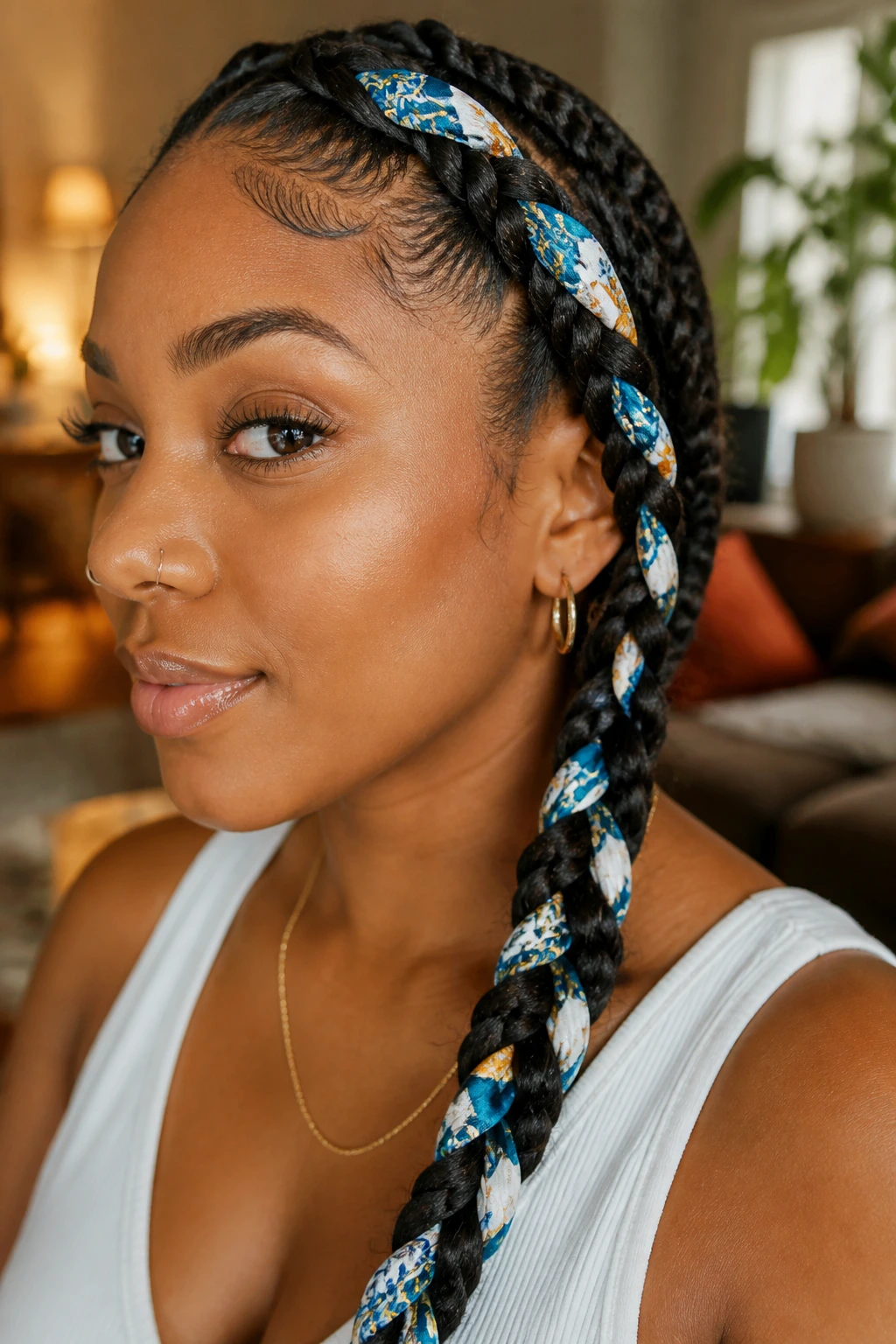 Close-up of braid woven with silk scarf integrated into the braid in warm indoor light