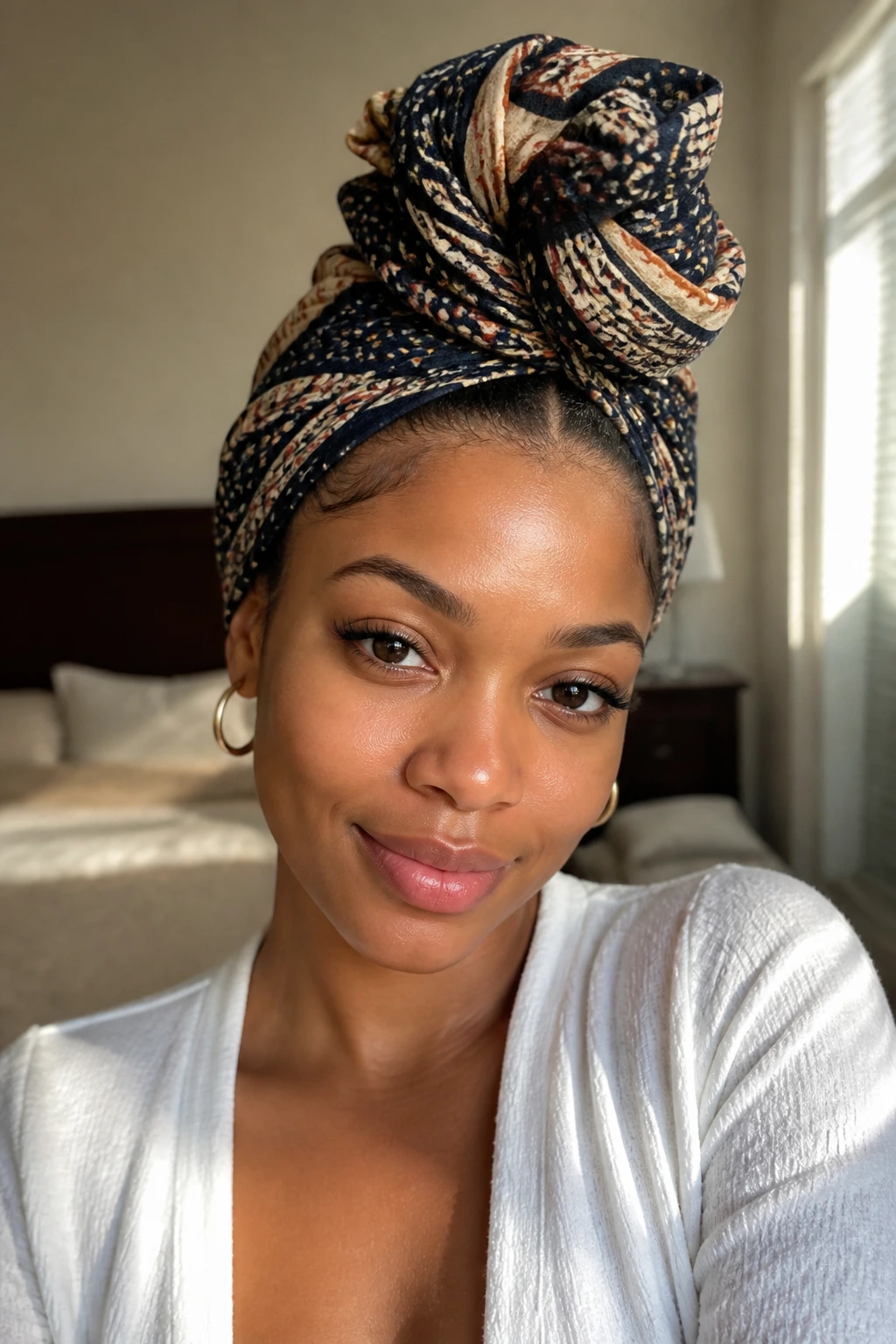 Close-up of a woman wearing a patterned headscarf turban in warm bedroom light