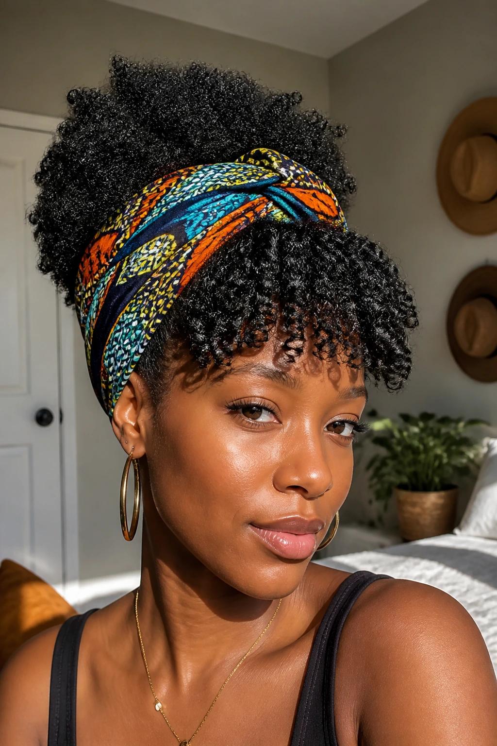 Close-up of a real woman wearing a patterned headwrap with exposed curls as faux bangs.