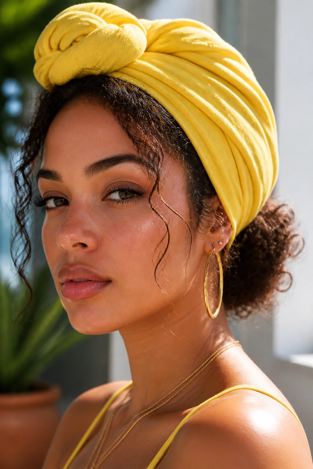 Close-up of a real woman wearing a lemon-yellow headwrap with face-framing tendrils