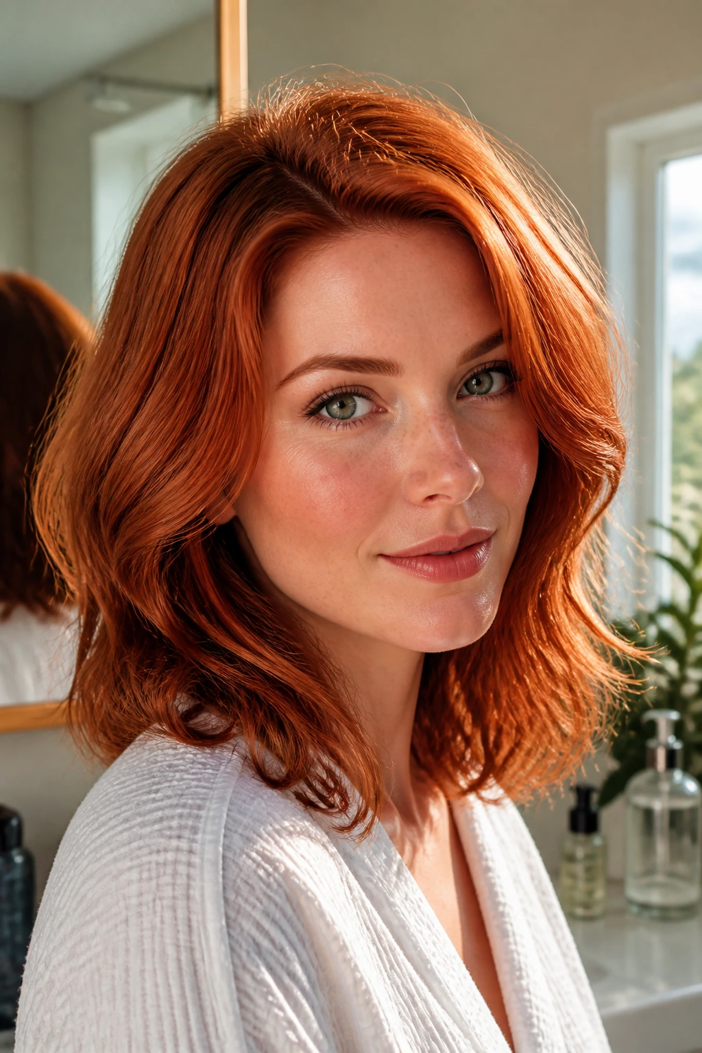Portrait of a real woman with glossy red halo showing healthy hair