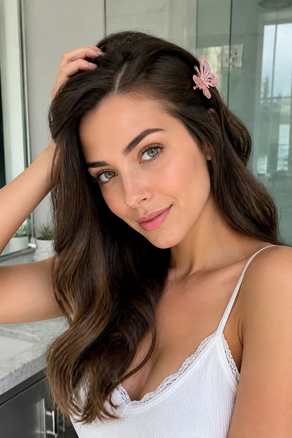 Close-up of a real woman with healthy shiny hair and pink butterfly accessory in a bright bathroom