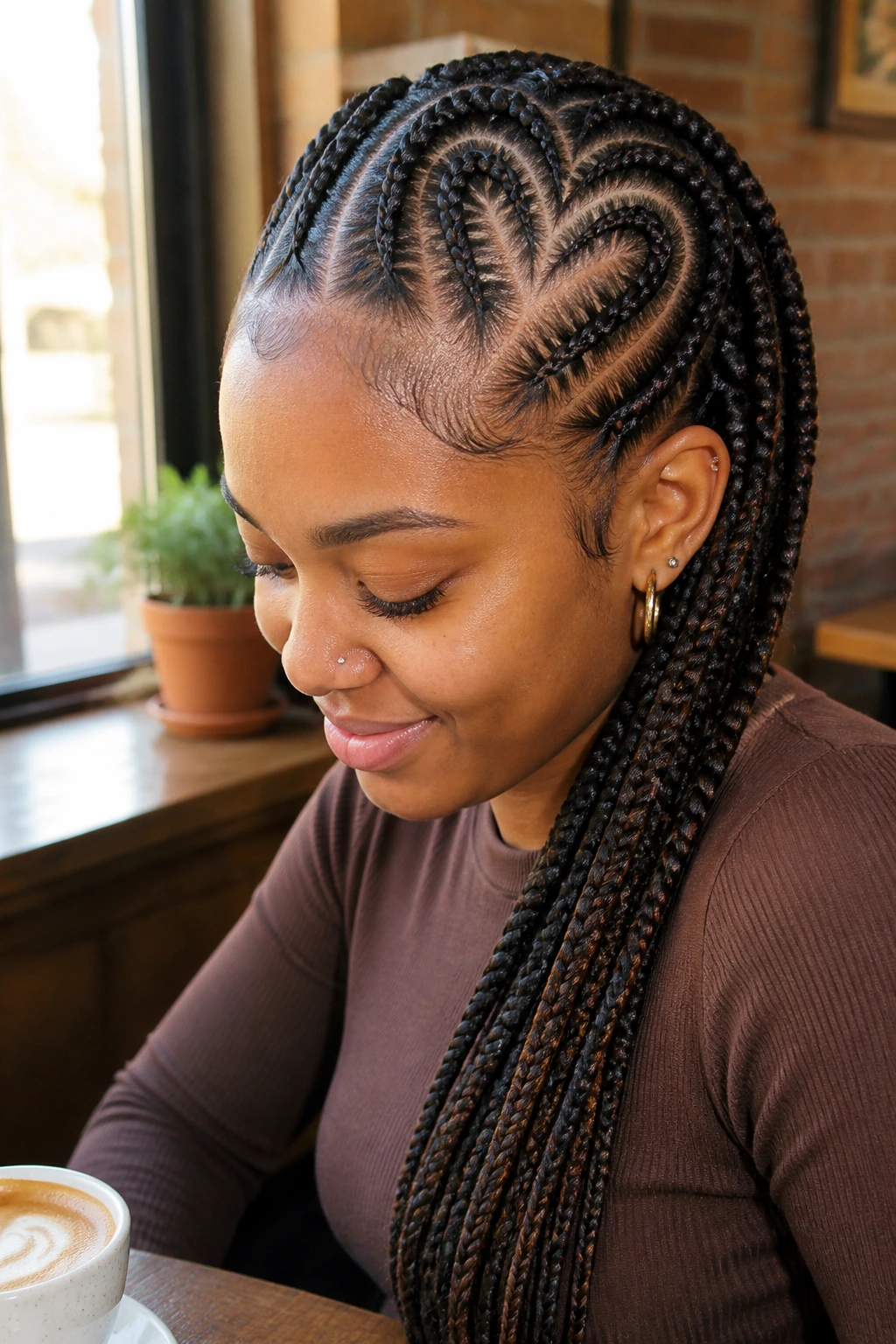 Real woman with heart-shaped cornrow pattern at crown in cafe daylight