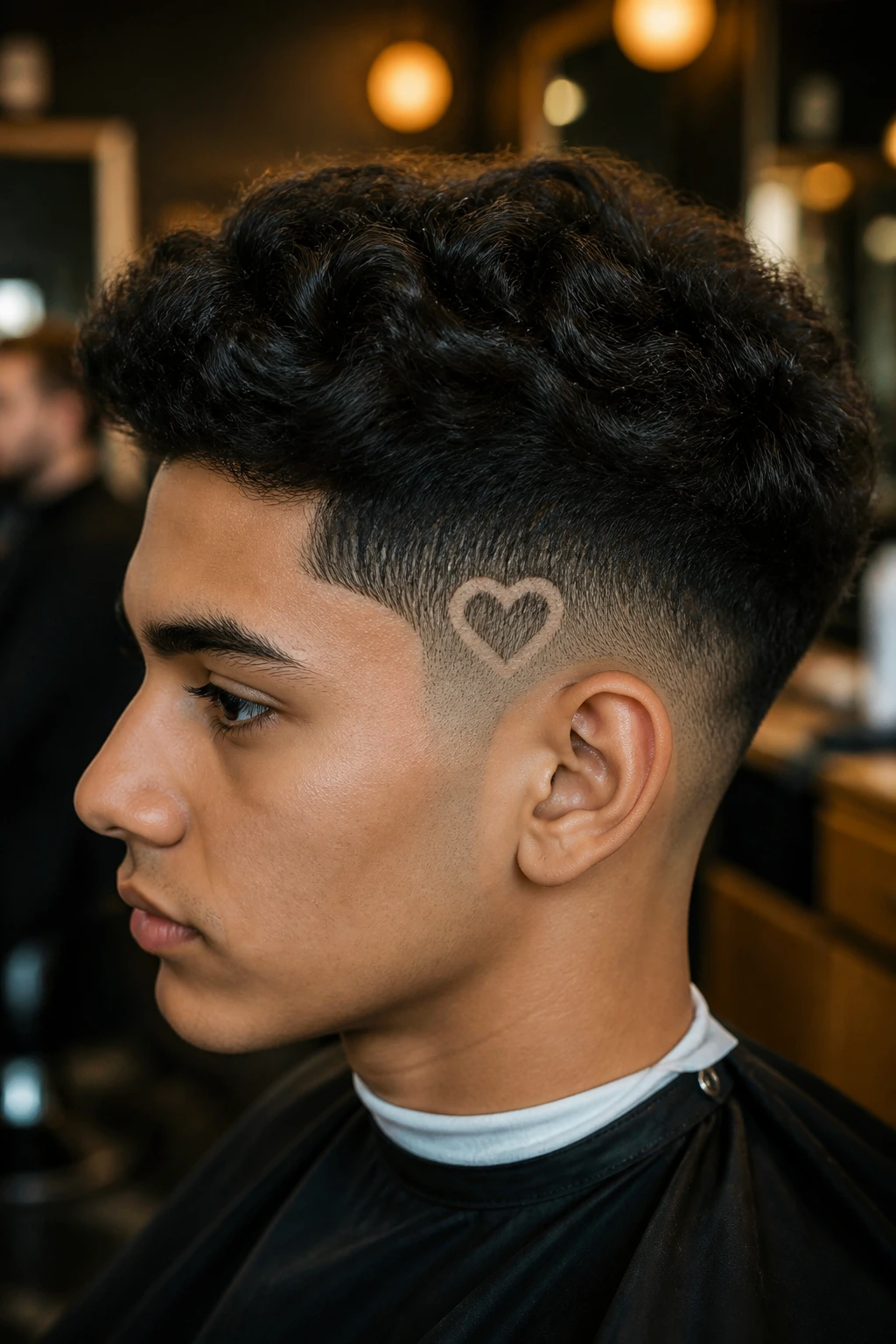 Close-up of a real person with a heart icon shaved above the ear in thick hair