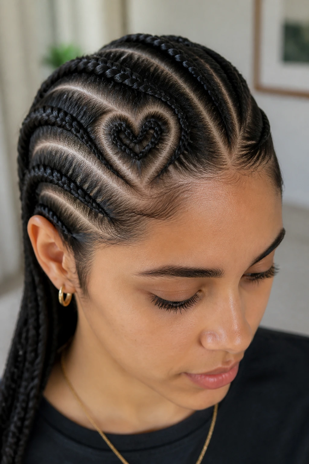 Close-up of a real woman with a heart-shaped braid part