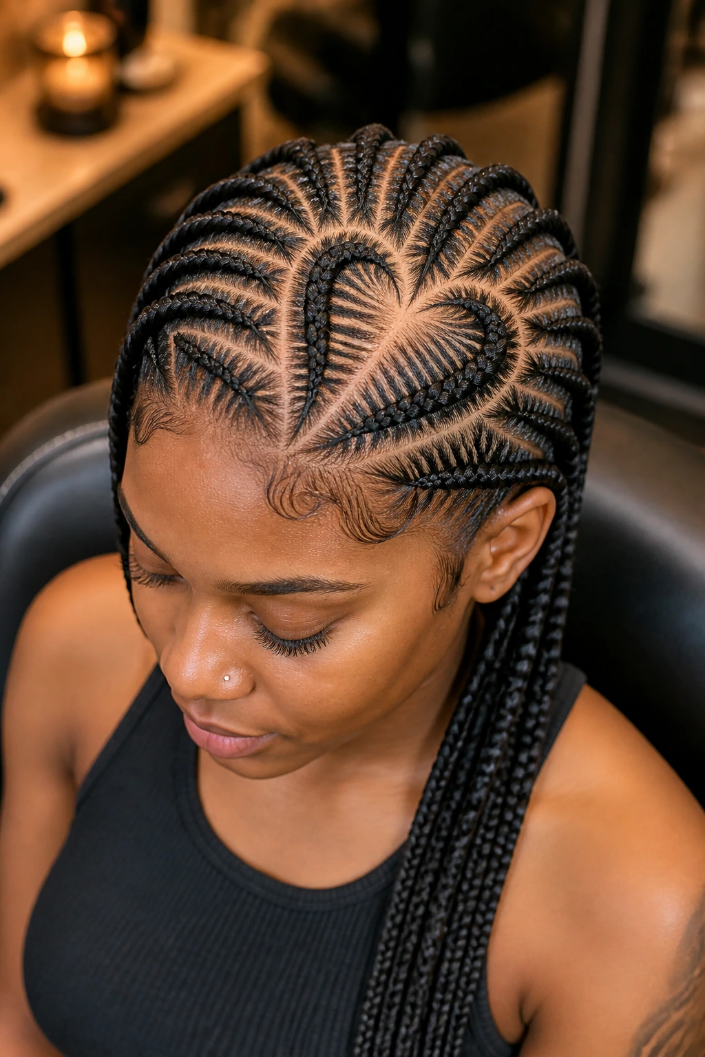 Real woman with heart-shaped cornrow parting.
