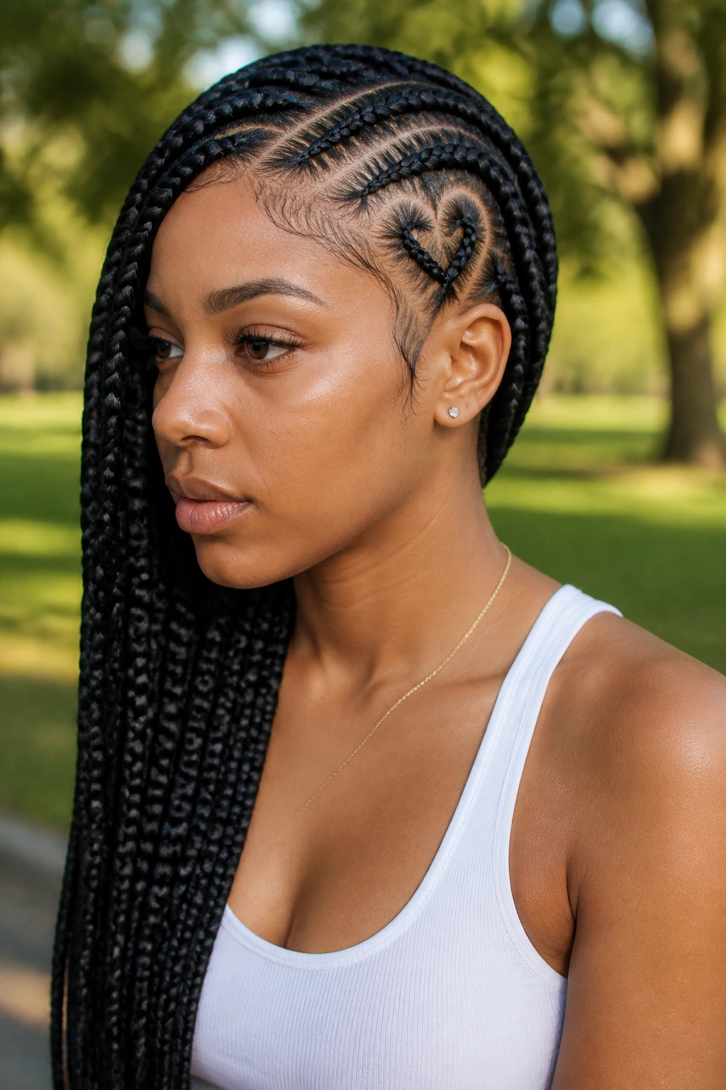 Real woman with side-swept lemonade braids and heart-shaped part