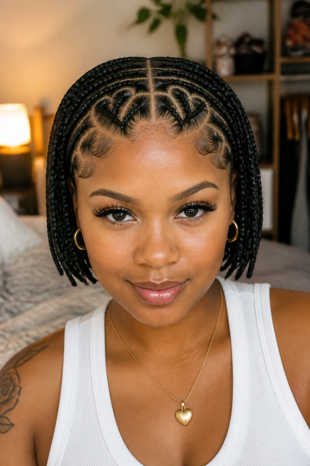 Front-view close-up of a real person with heart-shaped parts in a braided bob.