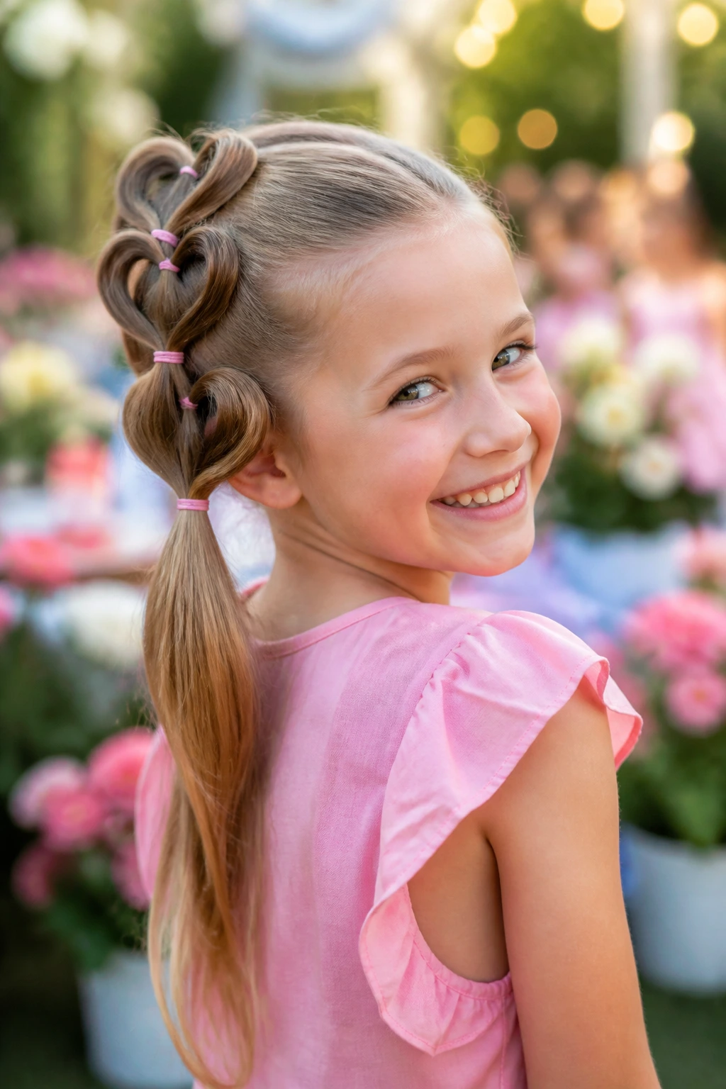 Close-up of girl with three heart-shaped elastics and a low ponytail