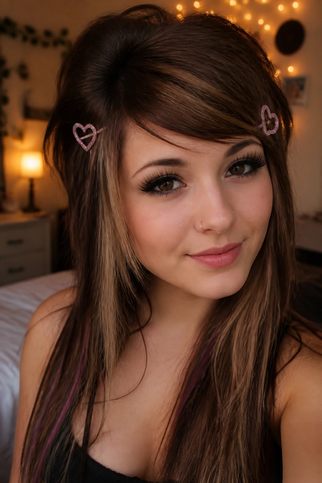 Portrait of a woman wearing heart-shaped hair clips above the ears