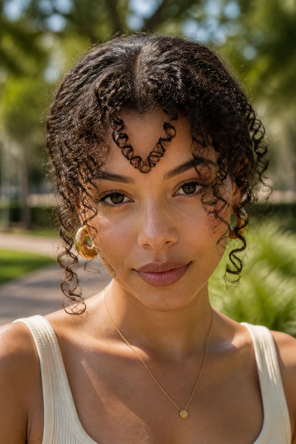 Portrait of a person with heart-shaped curly bangs outdoors