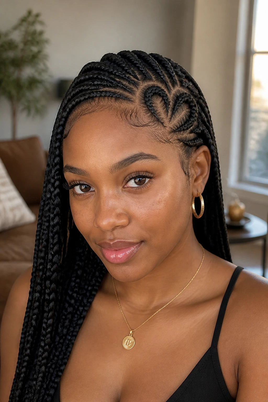 Front-facing portrait showing heart-shaped parting in Ghana braids on a real woman