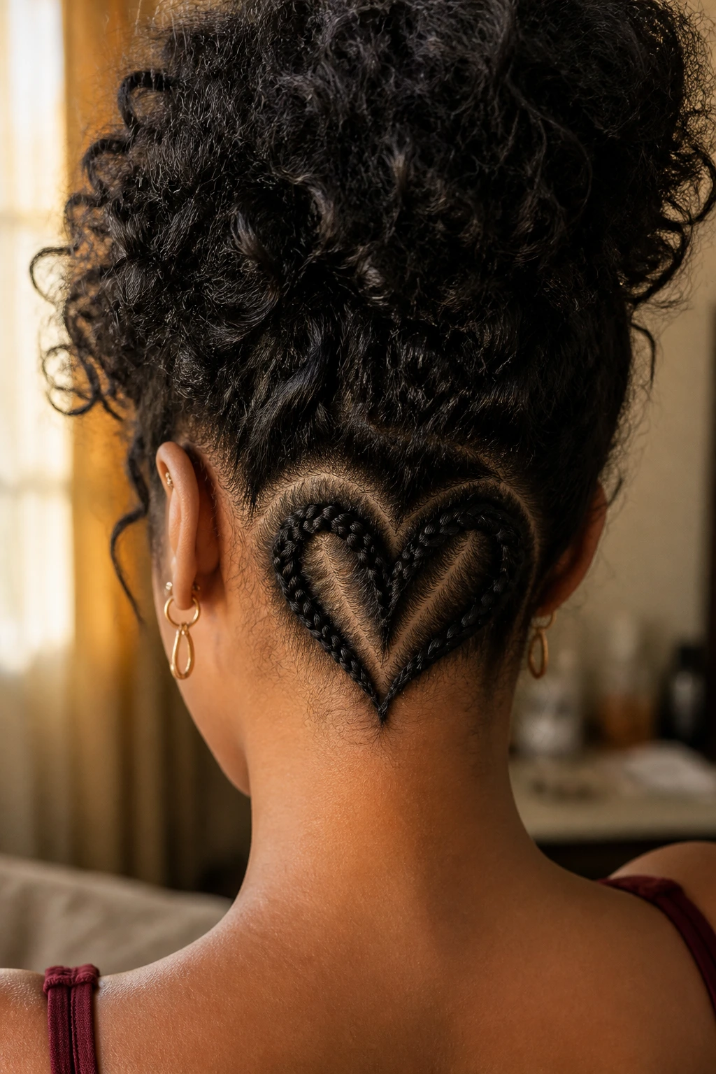 Back of head showing heart-shaped nape cornrow pattern on real person