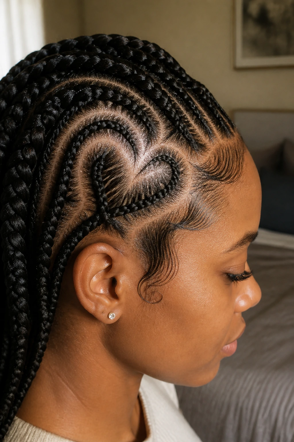 Side profile showing a heart-shaped parting within braided cornrows.