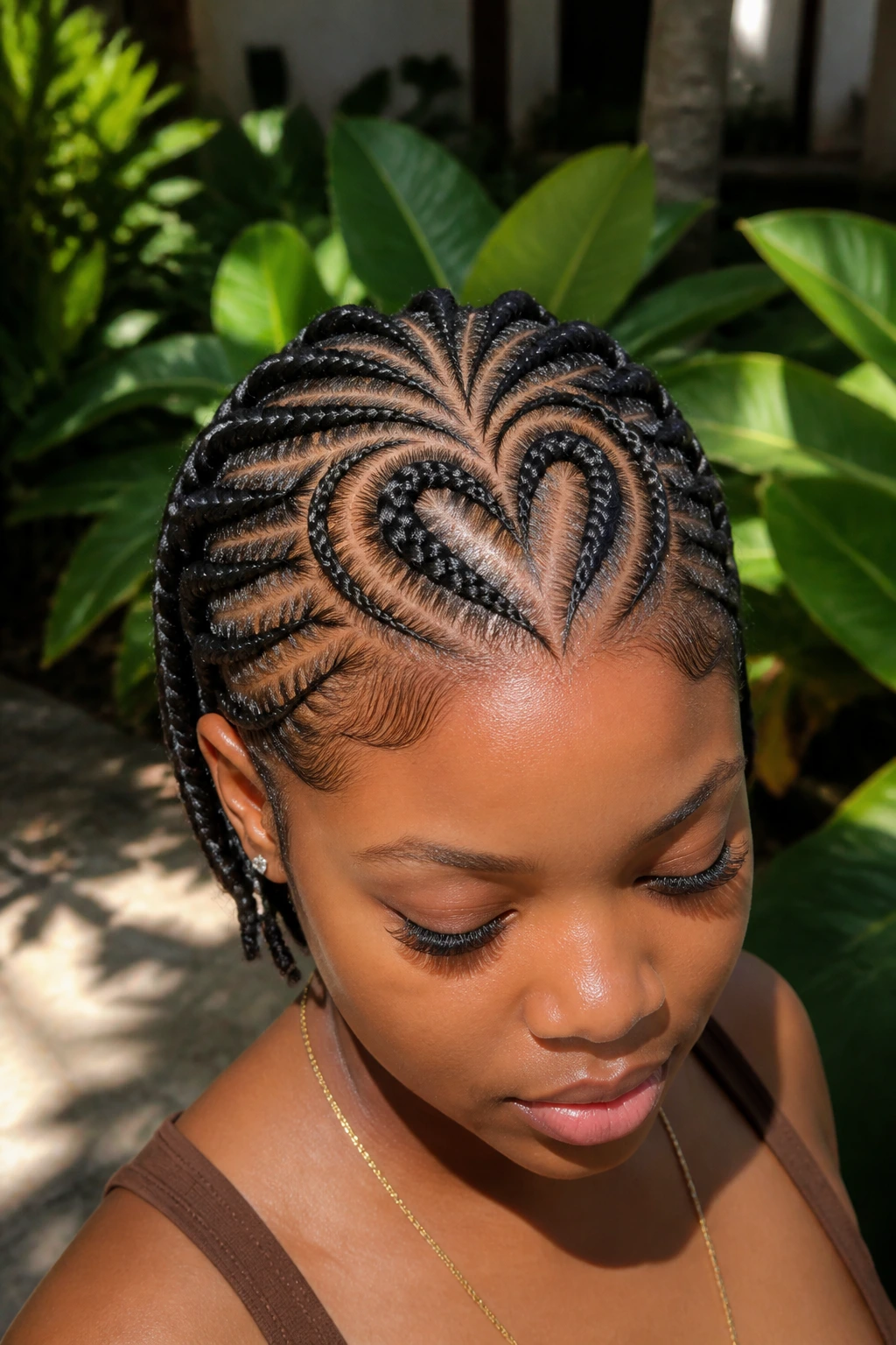 Close-up of a real woman with heart-shaped parting Ghana braids in a sunlit courtyard