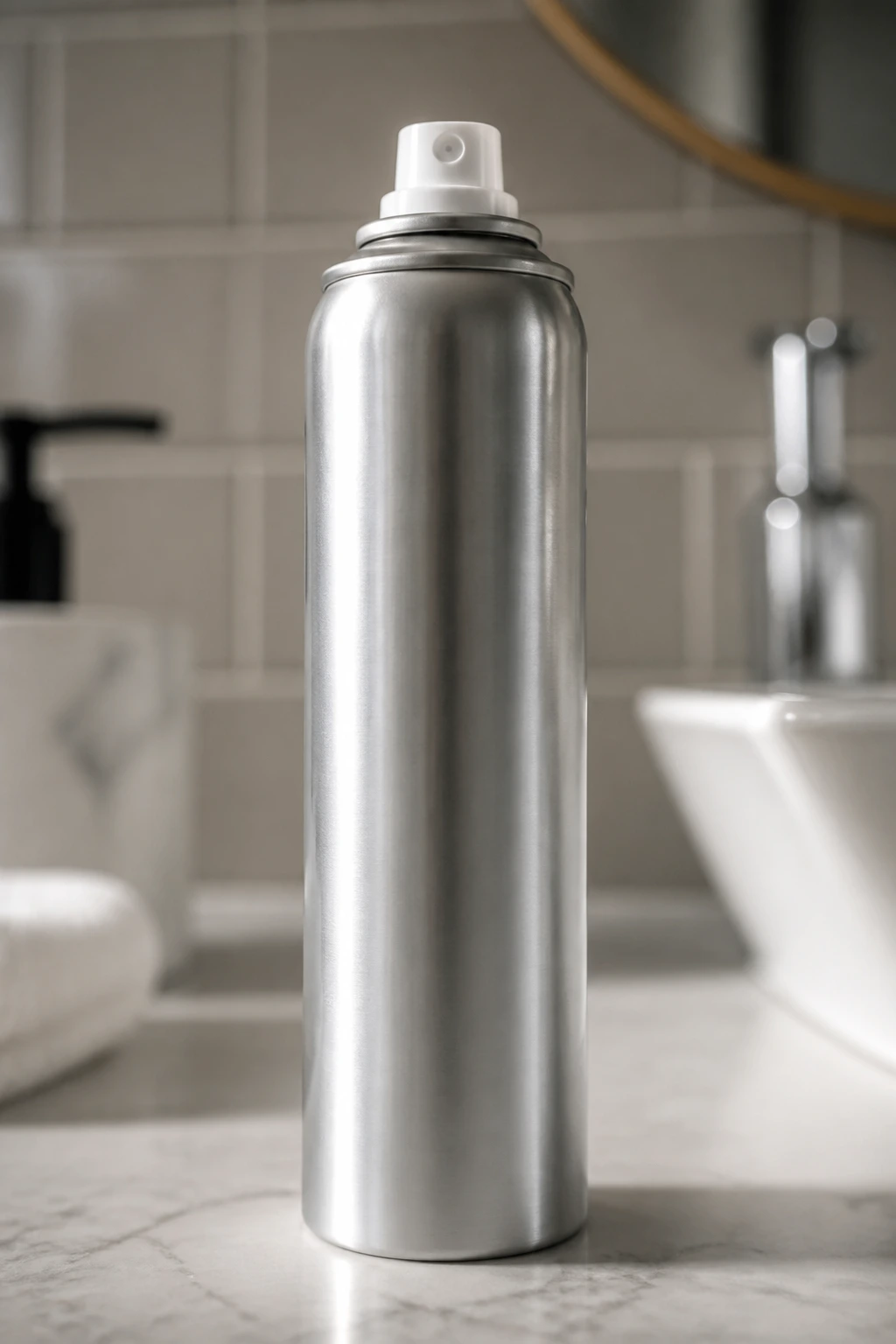 Plain-label heat protectant spray can on a bathroom counter