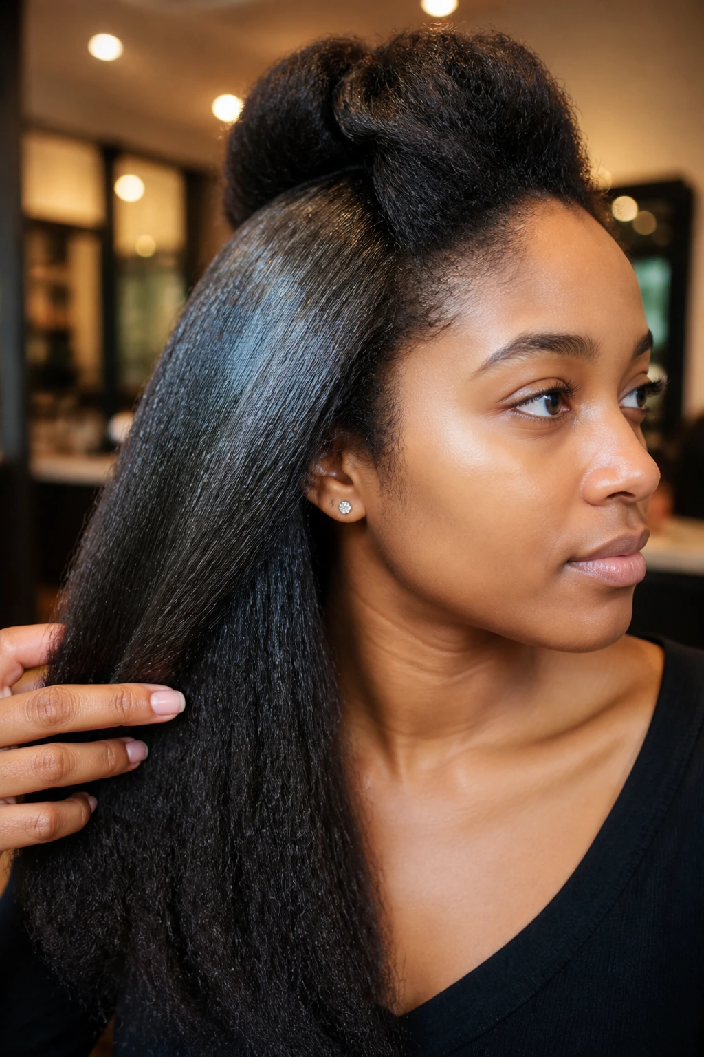 Close-up of textured hair with heat-protectant sheen in a salon setting