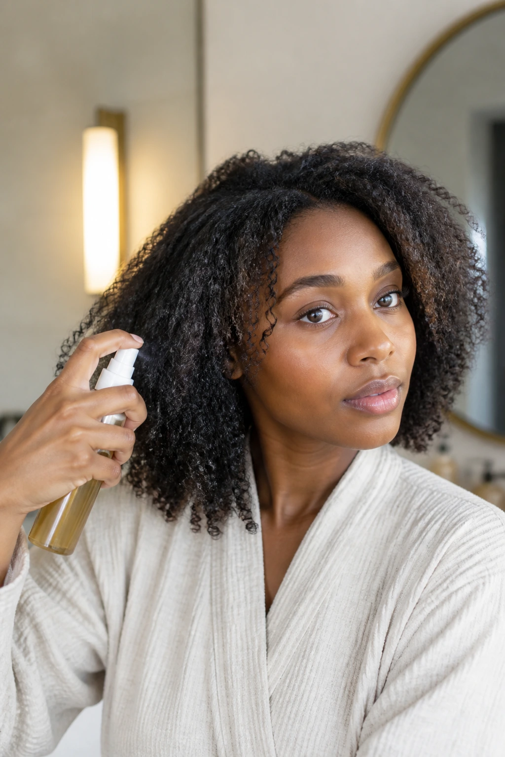 Real person applying heat protectant to curly natural hair in a bathroom