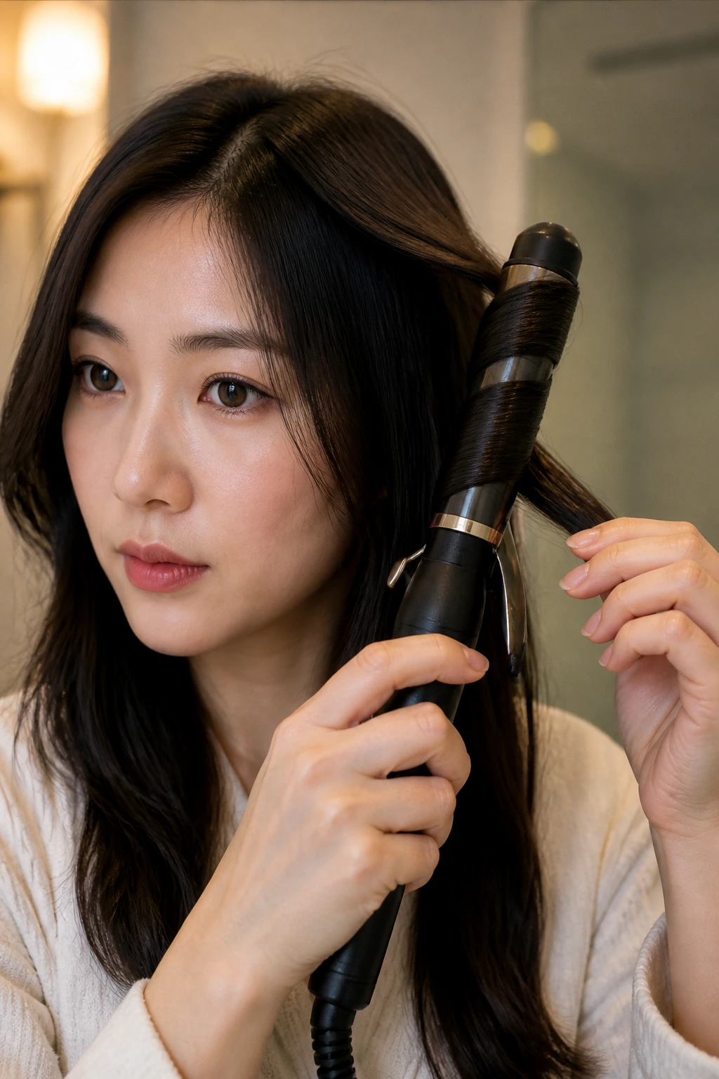 Close-up of a person curling fine Asian hair with a curling wand at moderate heat