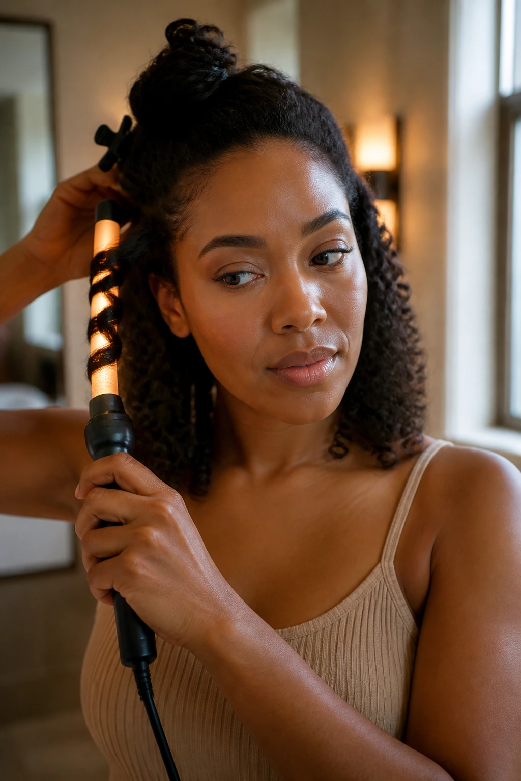 Close-up of a real woman curling with a glowing curling iron to illustrate heat threshold