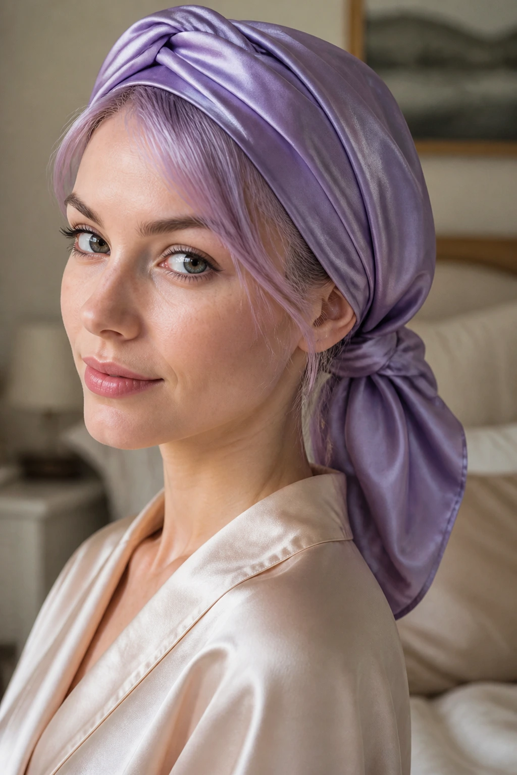 Real person with silk scarf wrap showing lavender ends in soft light
