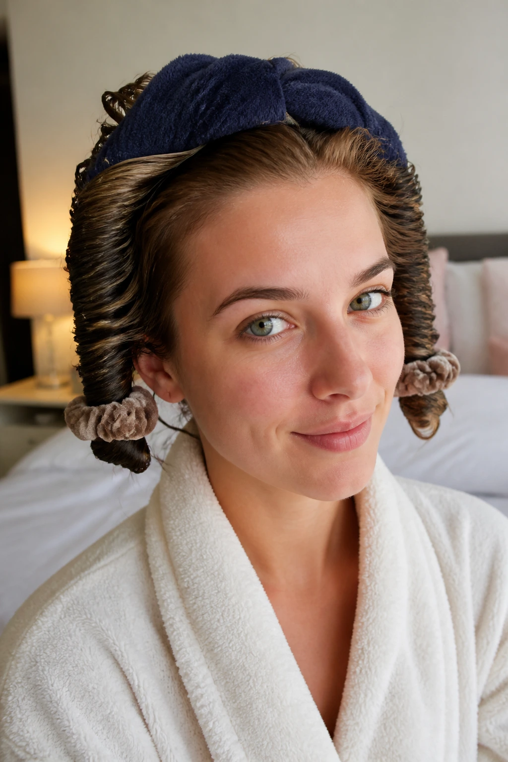 Woman with heatless curls wrapped around robe belt.