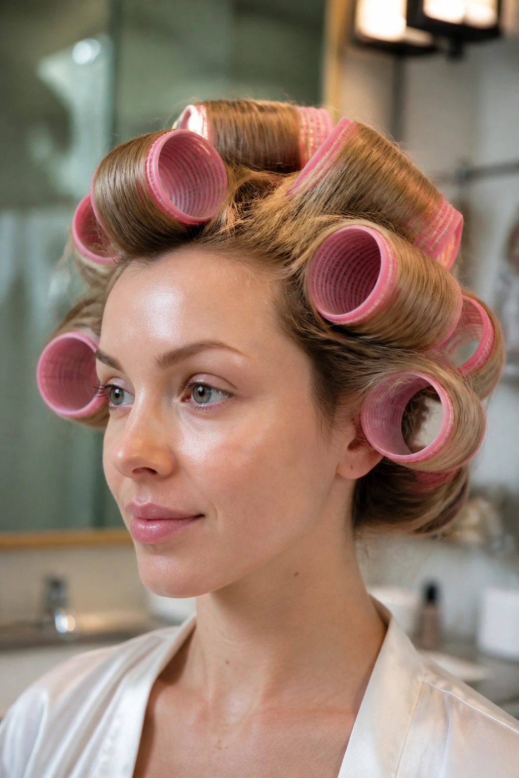 Real person wearing large heatless rollers in hair.