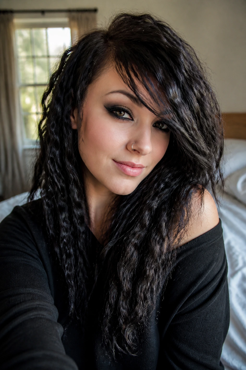 Real woman with heatless waves and deep side sweep