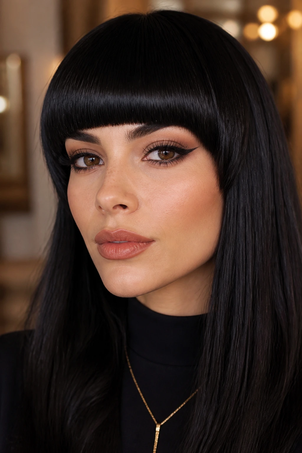 Close-up of a real woman with heavy arched Cleopatra bangs