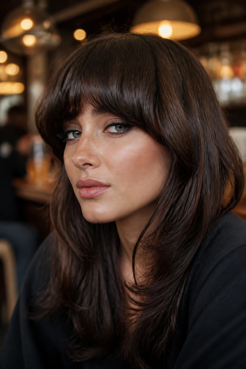 Close-up of a person with heavy arching bangs framing the eyes in a warm cafe setting