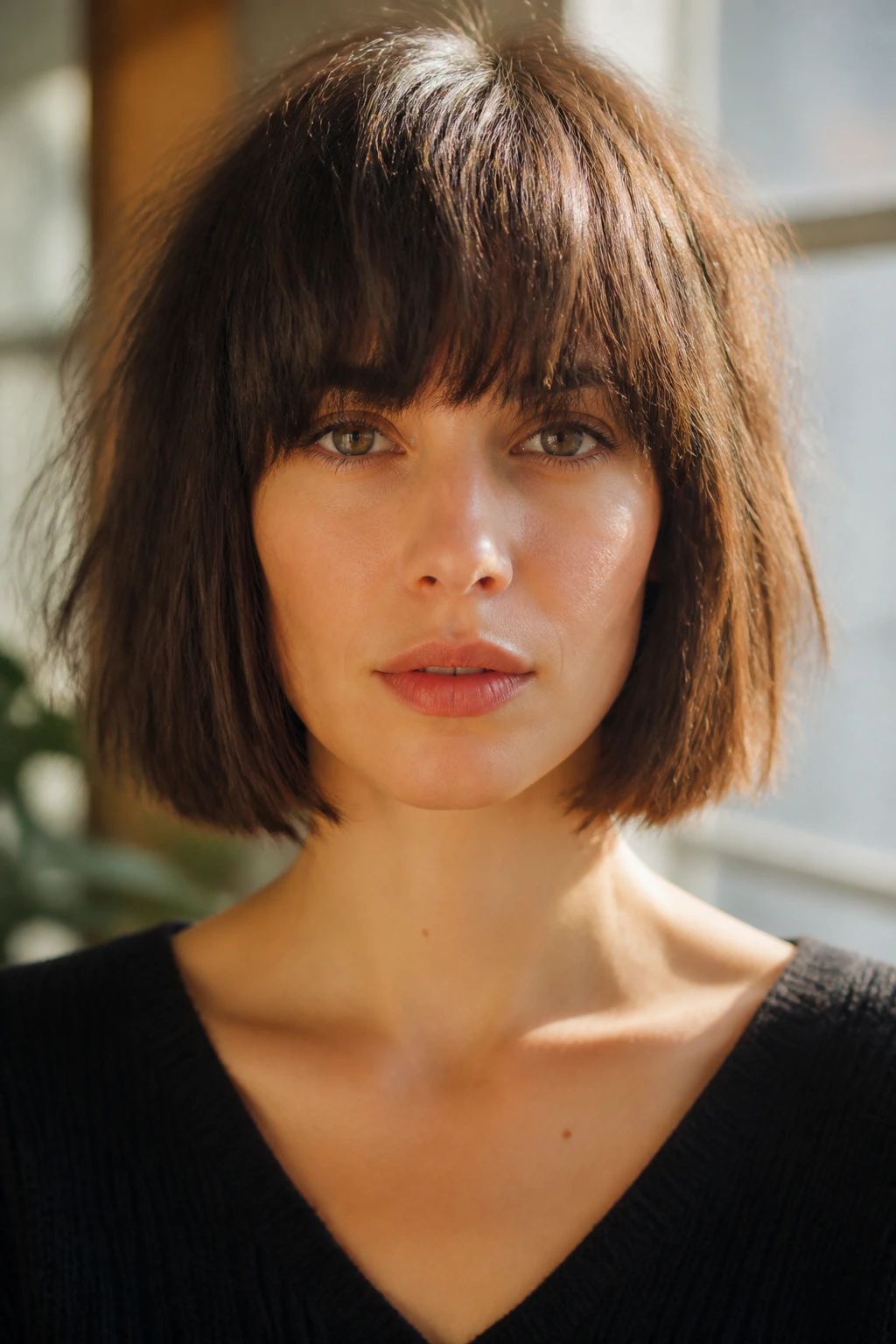 Front-facing portrait of a real woman with a blunt bob and heavy bangs.