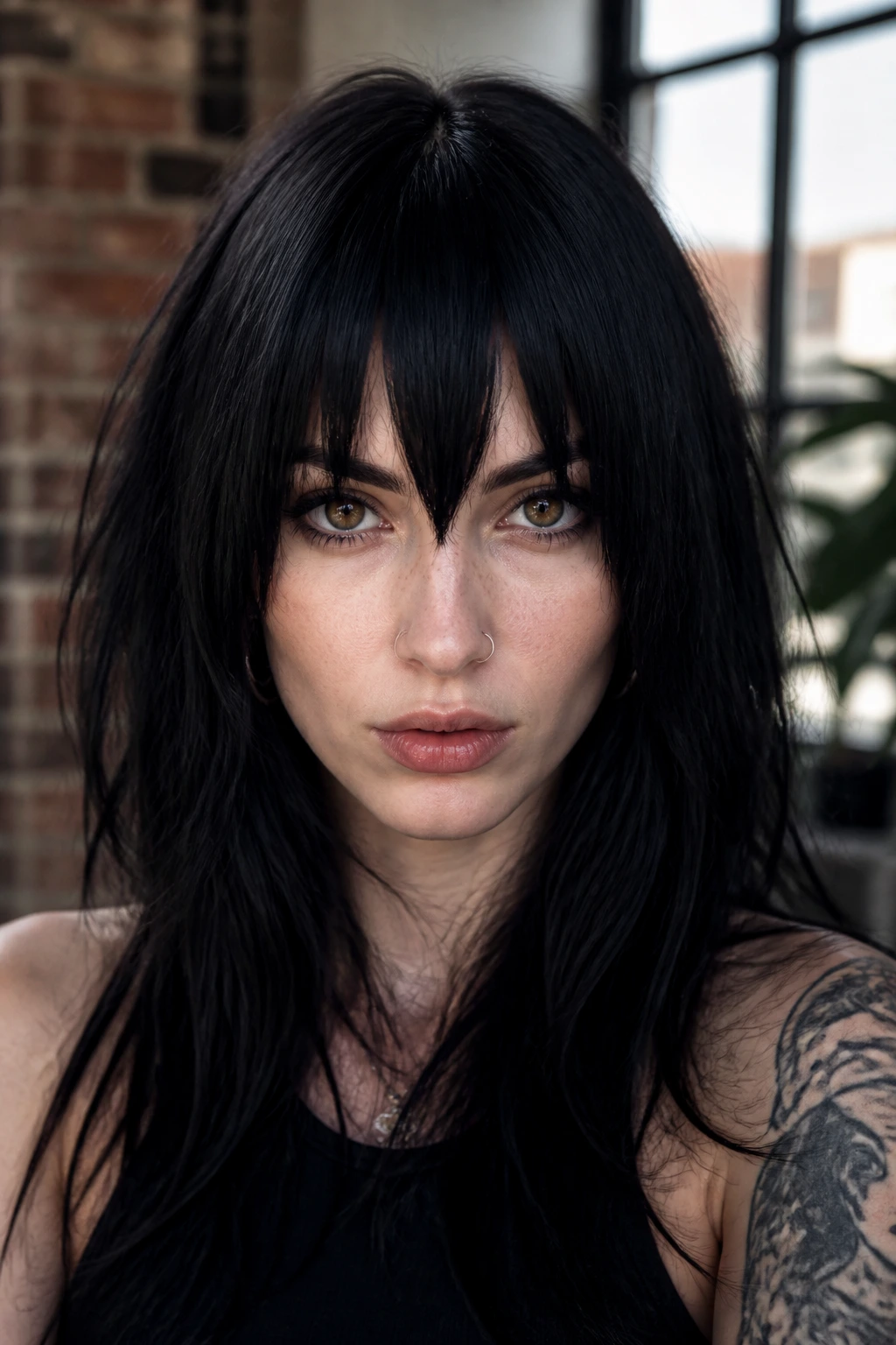 Close-up portrait of a real person with heavy choppy V-bangs centered on the forehead