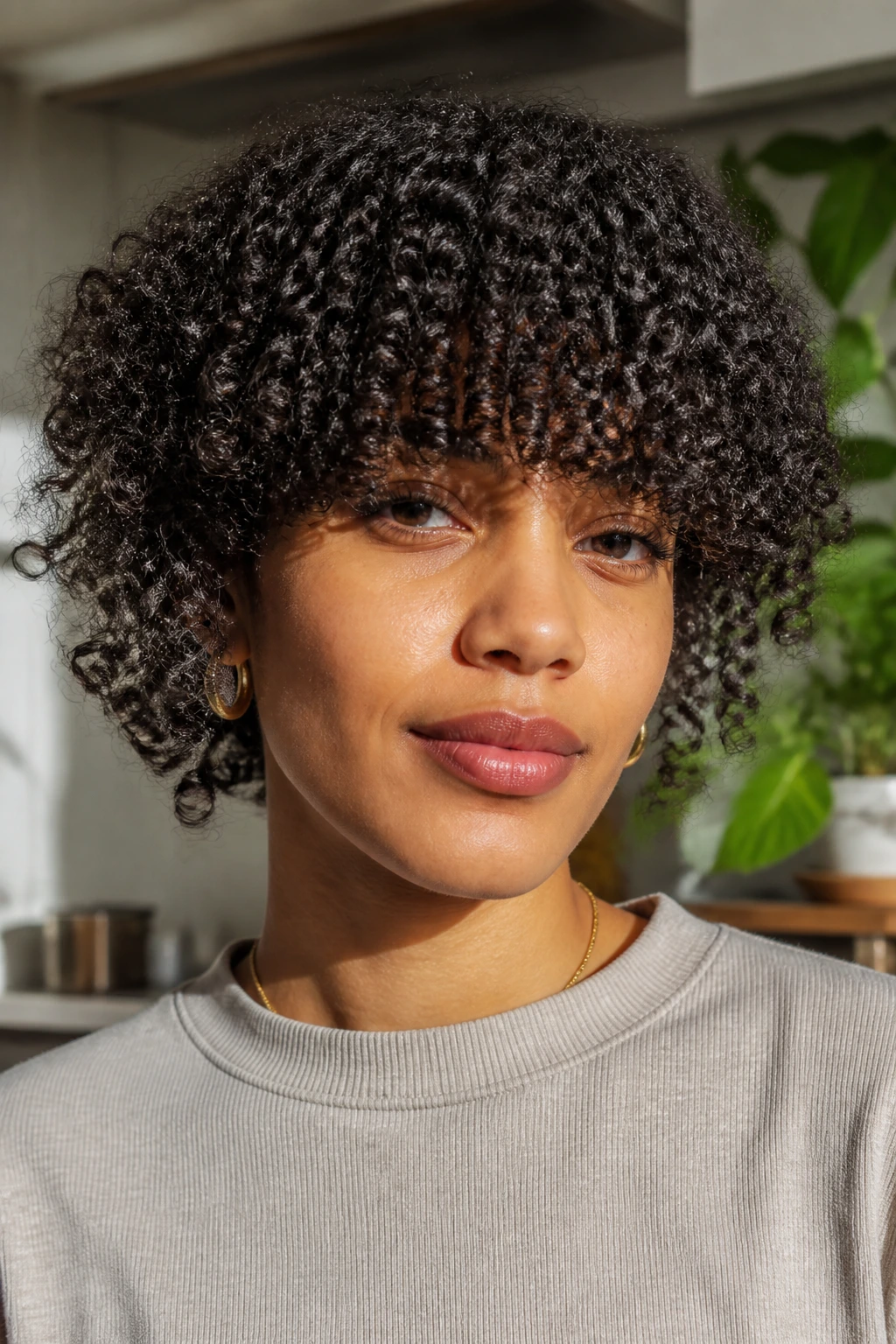 Close-up portrait of a real person with heavy blunt-cut curls across the brow