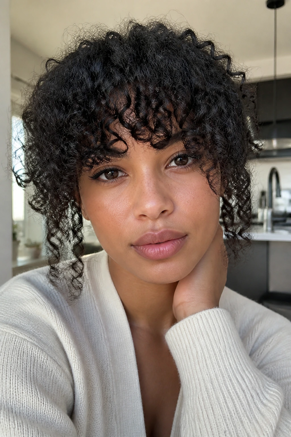 Close-up of a real person with heavy blunt-cut curly bangs in a bright kitchen