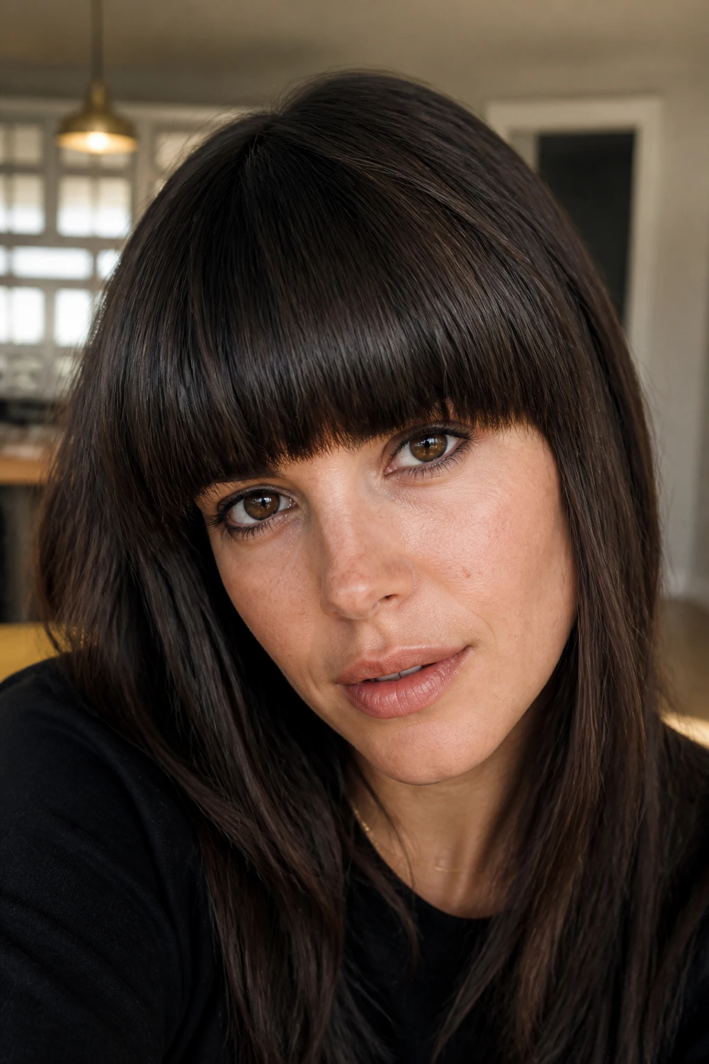 Close-up of a real person with a heavy straight-cut fringe across the forehead