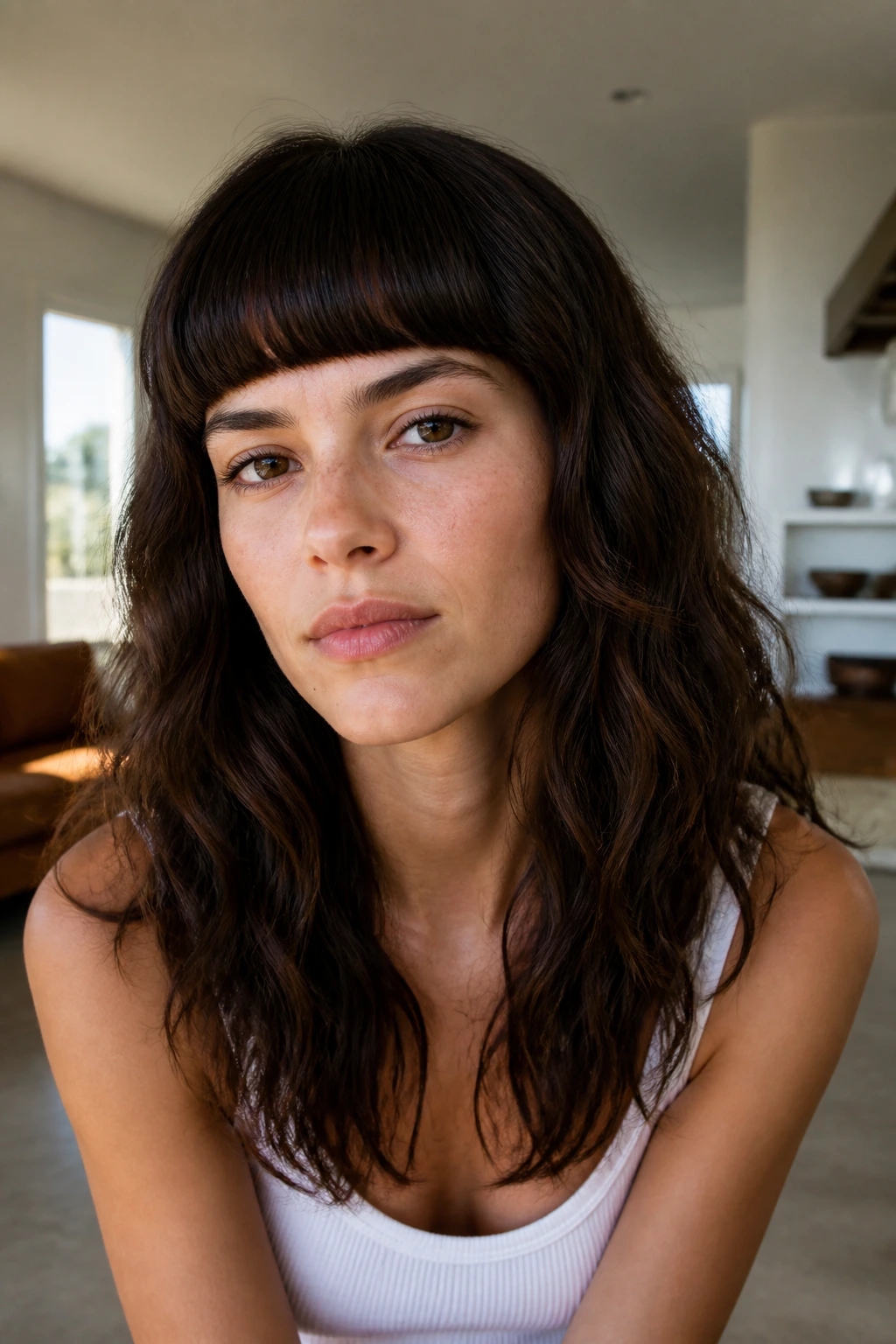Portrait of a woman with heavy blunt wave bangs across the forehead.