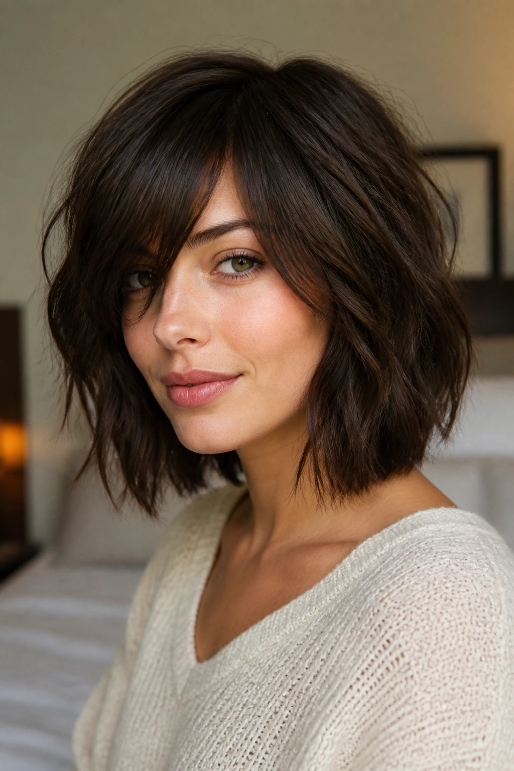 Close-up of a real woman with a collarbone-length heavy choppy lob and soft textured side-fringe.