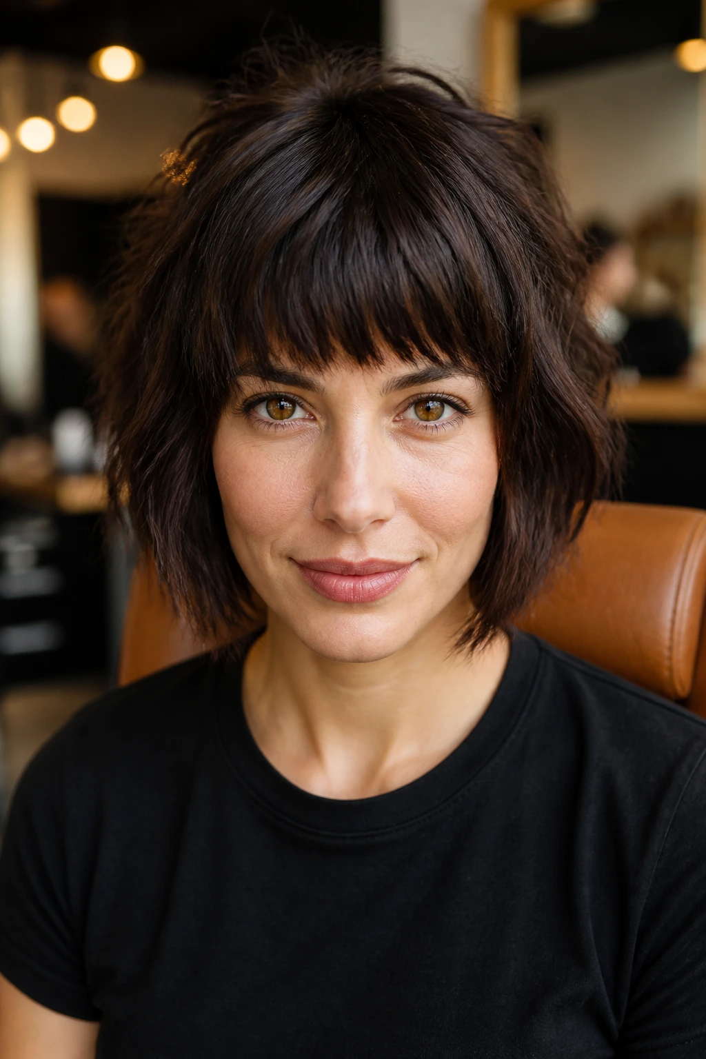 Close-up of a real woman with Heavy Crown-Sourced Choppy Bangs, thick fringe starting from crown.
