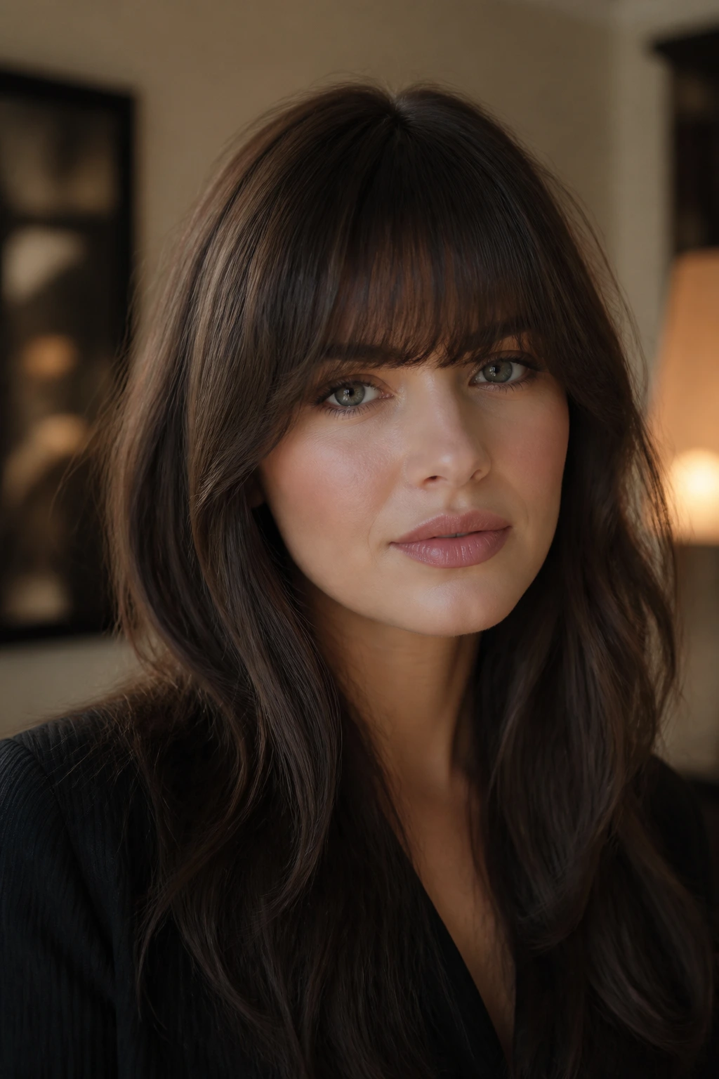 Portrait of a woman with a heavy curved fringe and textured long lengths
