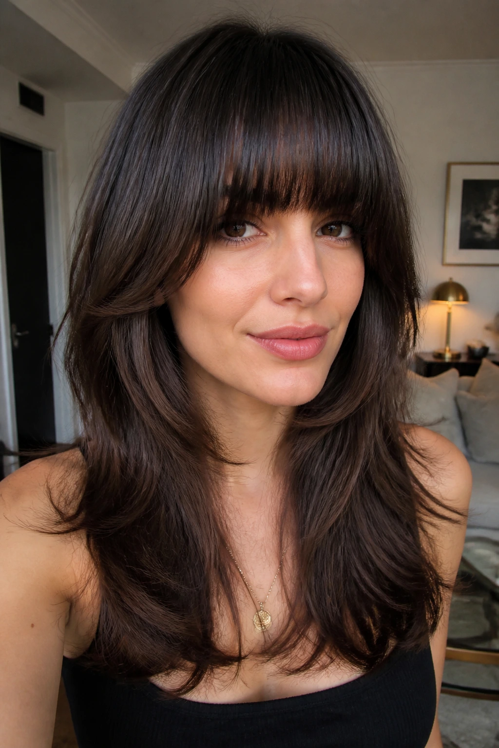 Woman with heavy fringe butterfly cut in warm ambient light