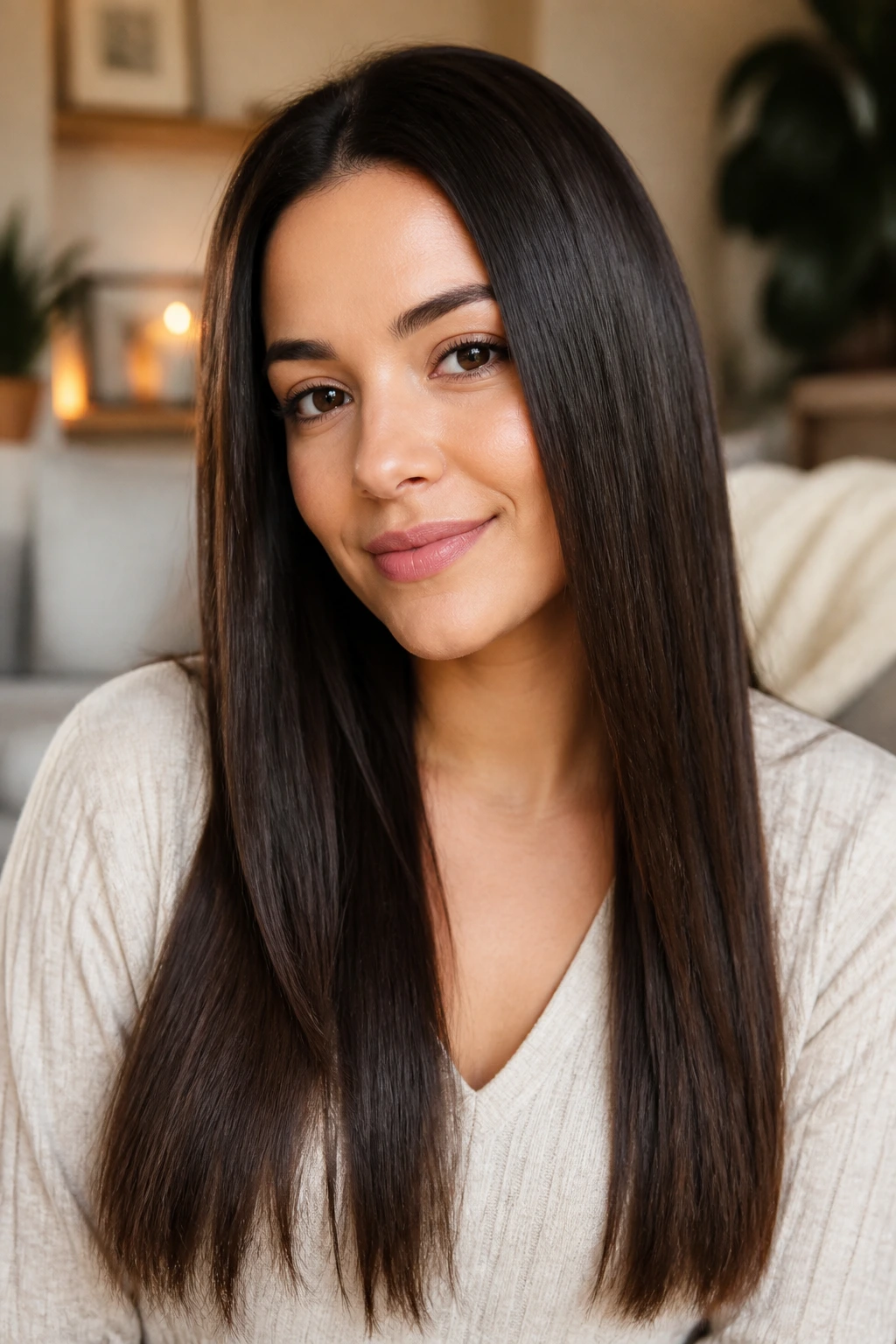 Real woman with straightened hair under soft indoor light